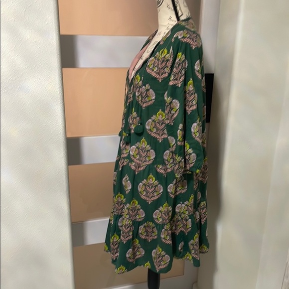 Pink Chicken Green and Gold V-Neck Mini Dress - Picture 3 of 11